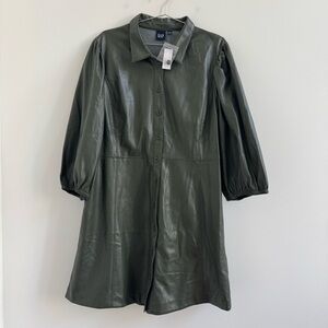 GAP Olive Green Faux Leather Button-Front Dress